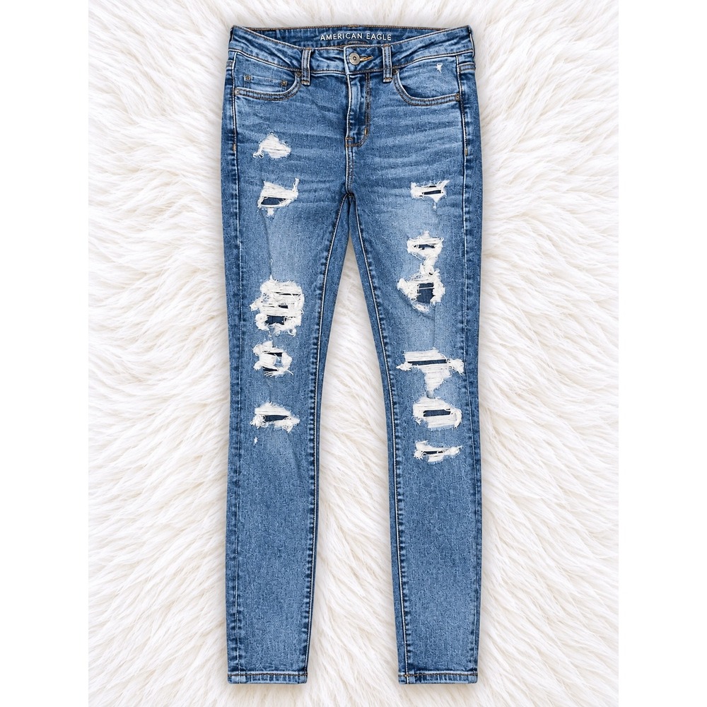 American Eagle Ne(x)t Level Stretch Distressed Jeggings Blue Jeans Size 6 Reg